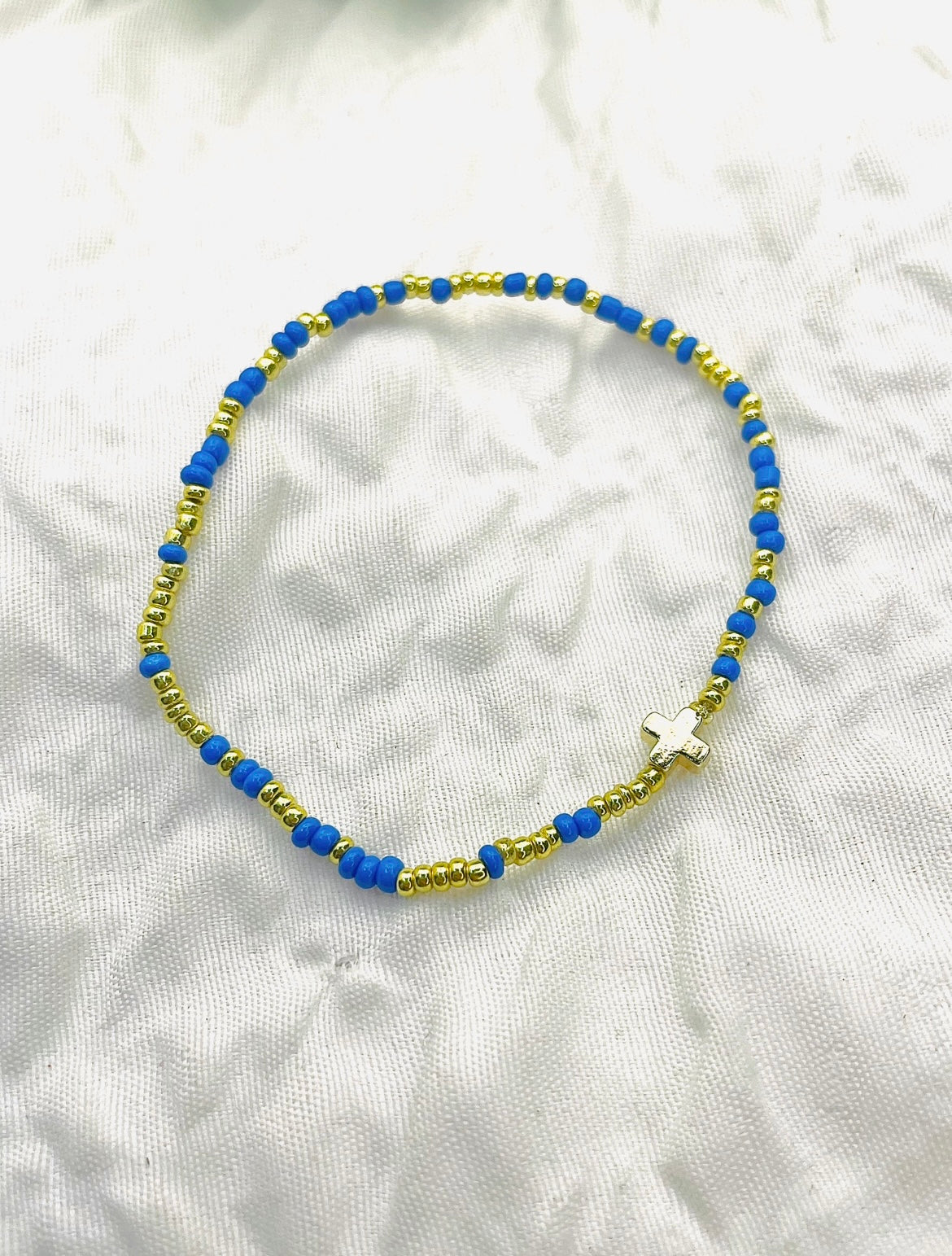 Cross bracelet, minimalist bracelet, cobalt and gold