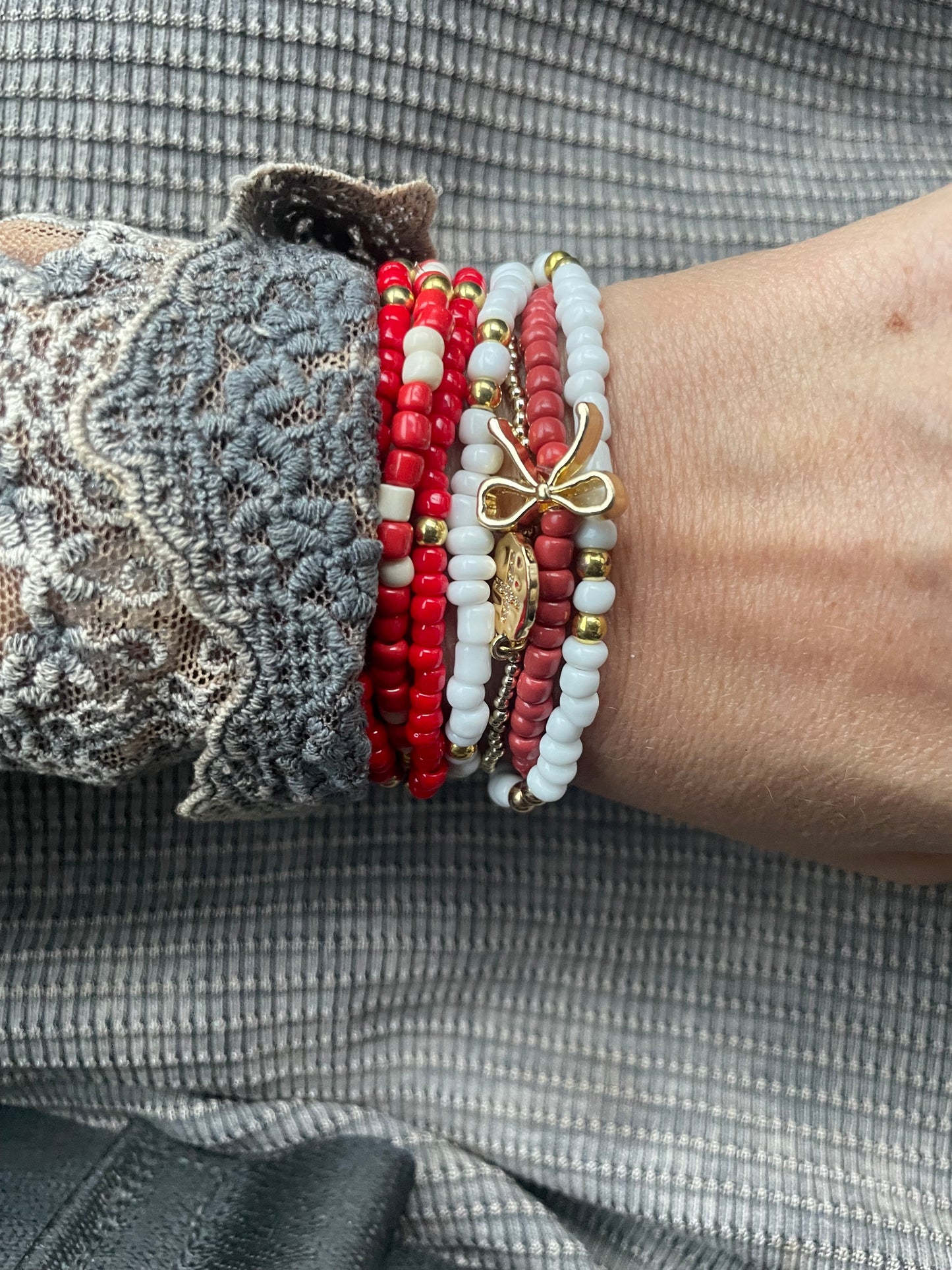 Bow bracelet stack with cross, girlie bracelets, valentine bracelet stack