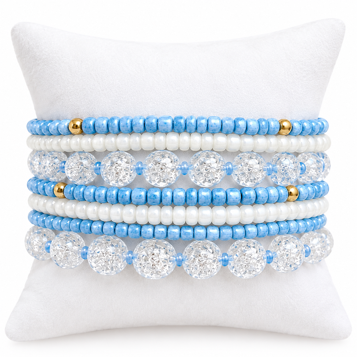 Bracelet stack, gray, blue, periwinkle, cornflower blue beaded bracelets