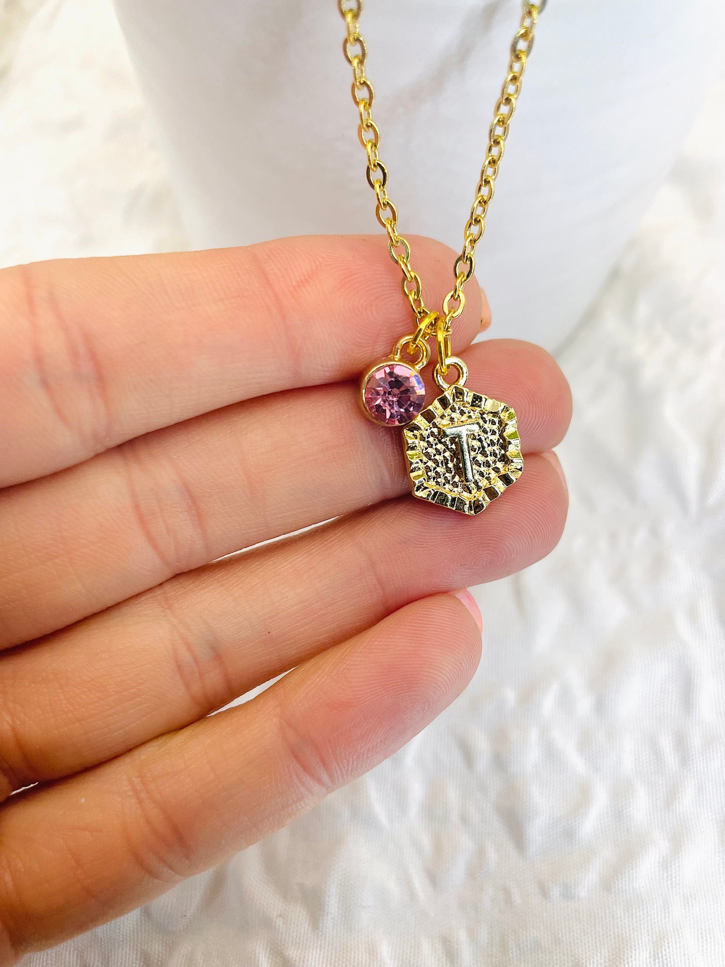 Initial necklace, gold chain with birthstone