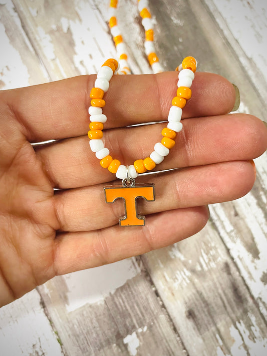 Beaded gameday necklace, orange and white necklace