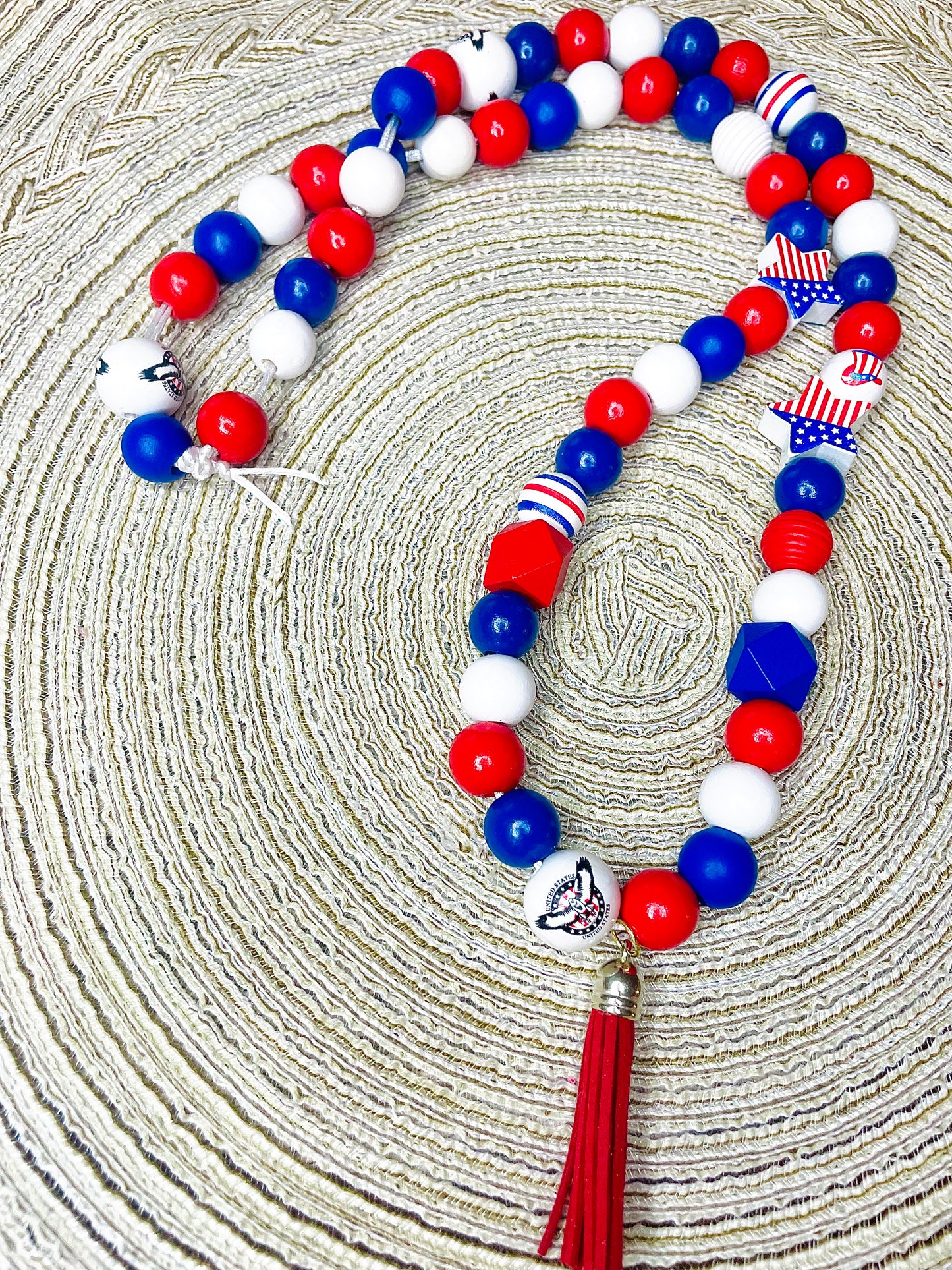 Red, white and blue necklace, USA necklace, large wooden bead tassel necklace