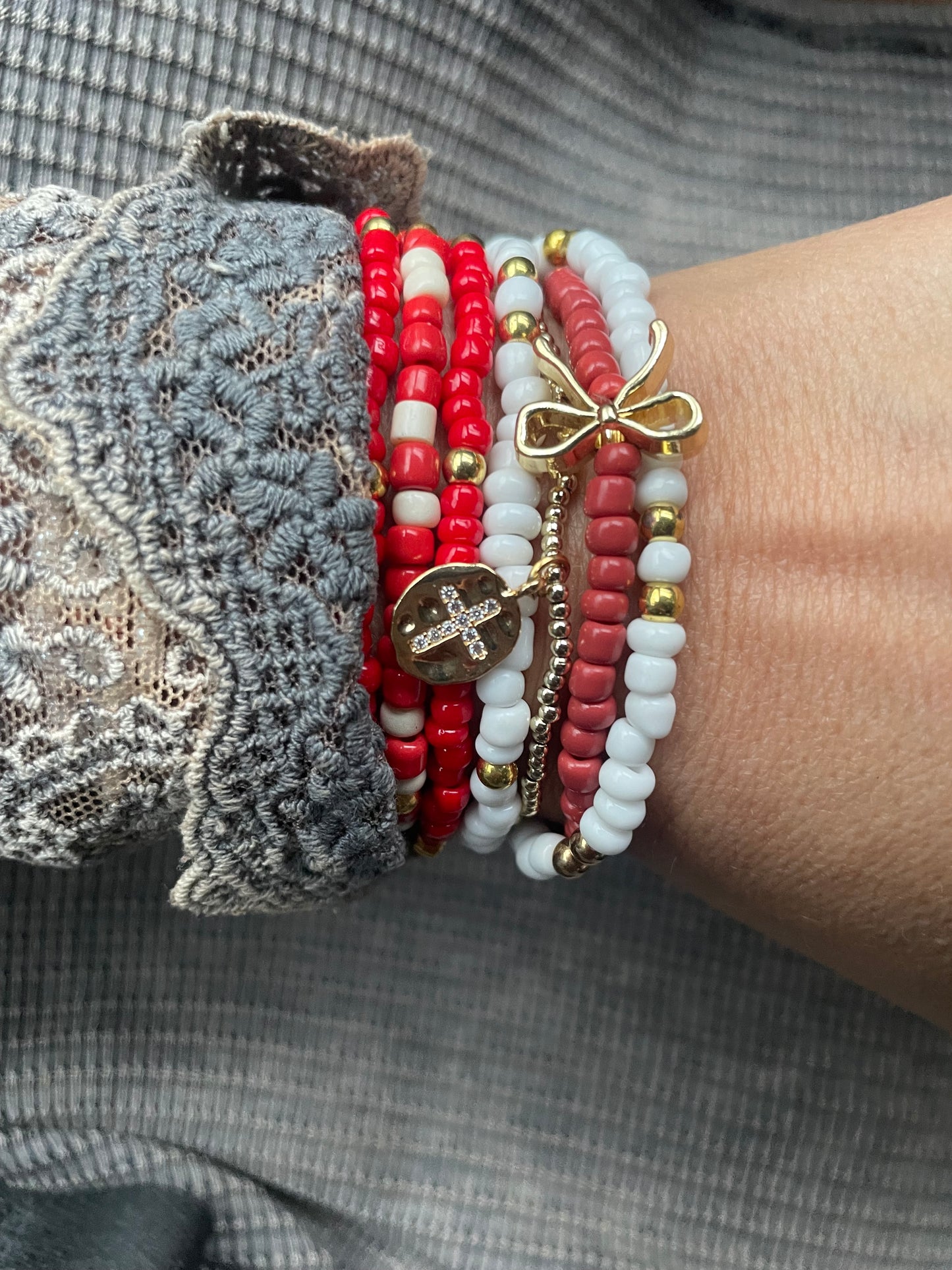 Bow bracelet stack with cross, girlie bracelets, valentine bracelet stack