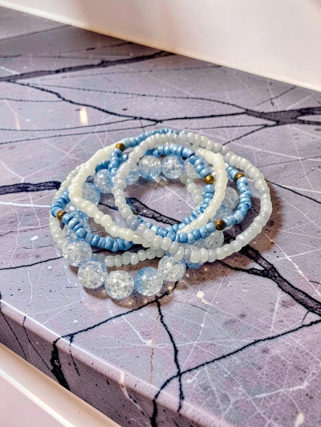 Bracelet stack, gray, blue, periwinkle, cornflower blue beaded bracelets