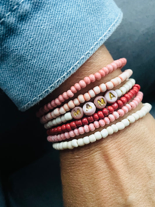 Fall bracelet stack, mama bracelet, blush, cream, burnt orange maple colors