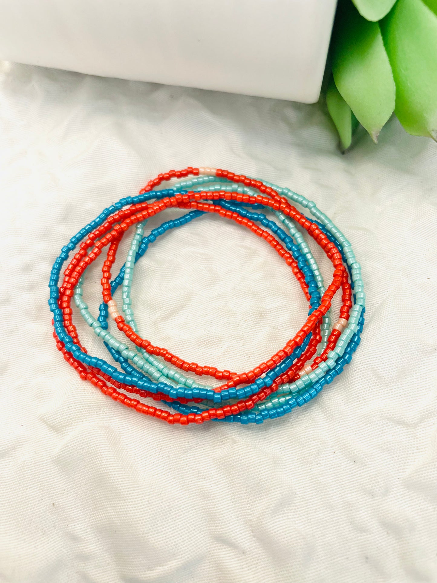 Blue and coral dainty thin Summer bracelets