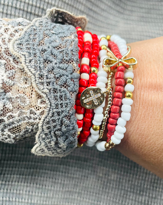Bow bracelet stack with cross, girlie bracelets, valentine bracelet stack