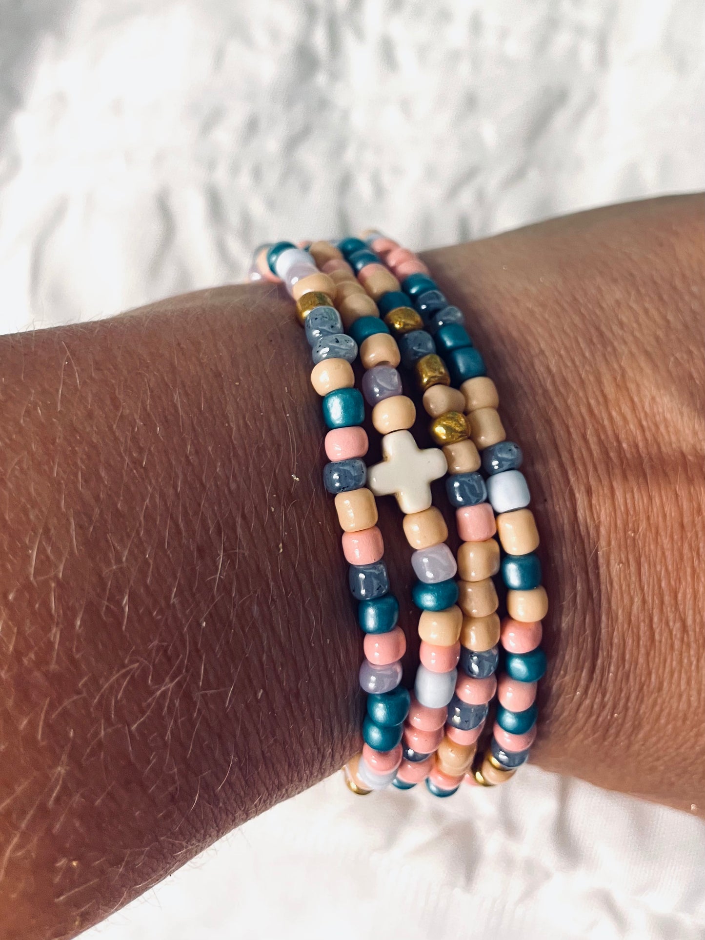 Multicolored peach stacked bracelets