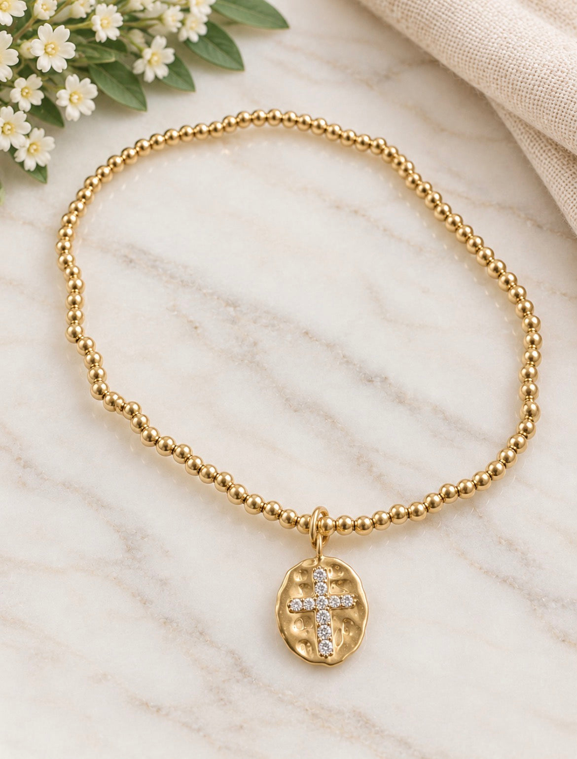Gold Cross bracelet, Beaded bracelet, Dainty Cross Bracelet