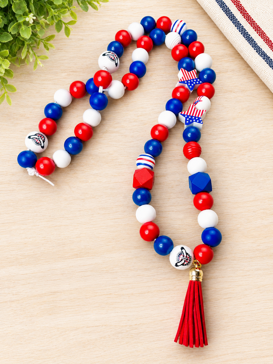 Red, white and blue necklace, USA necklace, large wooden bead tassel necklace