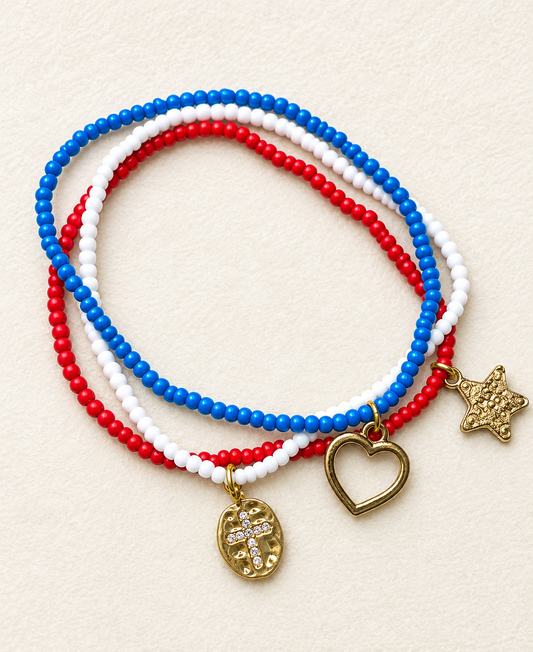 Red, White, and Blue Patriotic Beacelet Set with cross and star charms